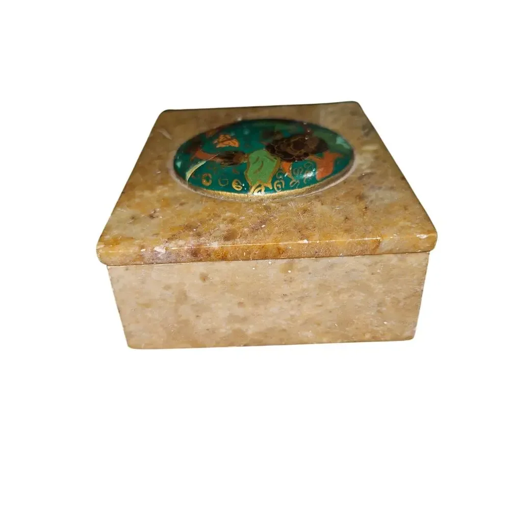 Vintage Indian Marble Trinket Box Enamel Painted Floral Inlay Stone Jewelry Box